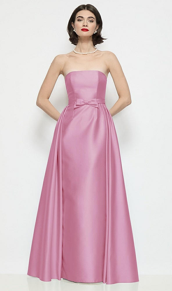 Front View - Powder Pink Strapless Bow-Waist Satin Column Dress with Overskirt