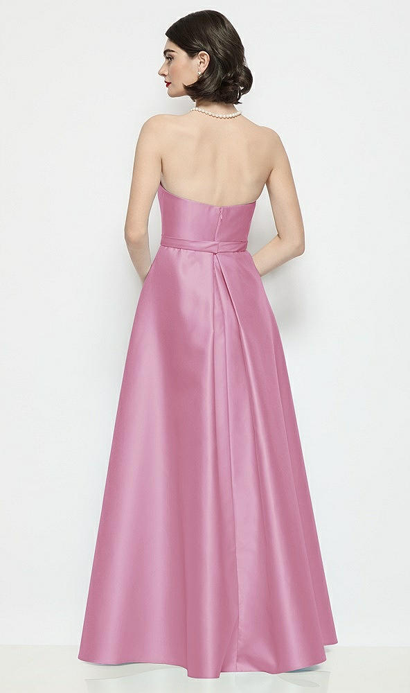 Back View - Powder Pink Strapless Bow-Waist Satin Column Dress with Overskirt