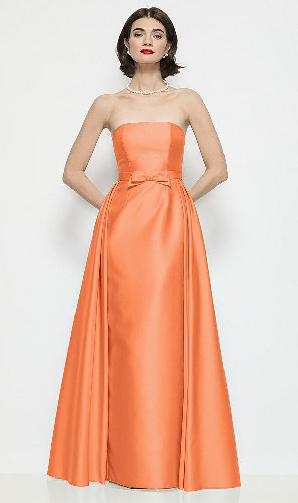 Front View - Portofino Orange Strapless Bow-Waist Satin Column Dress with Overskirt