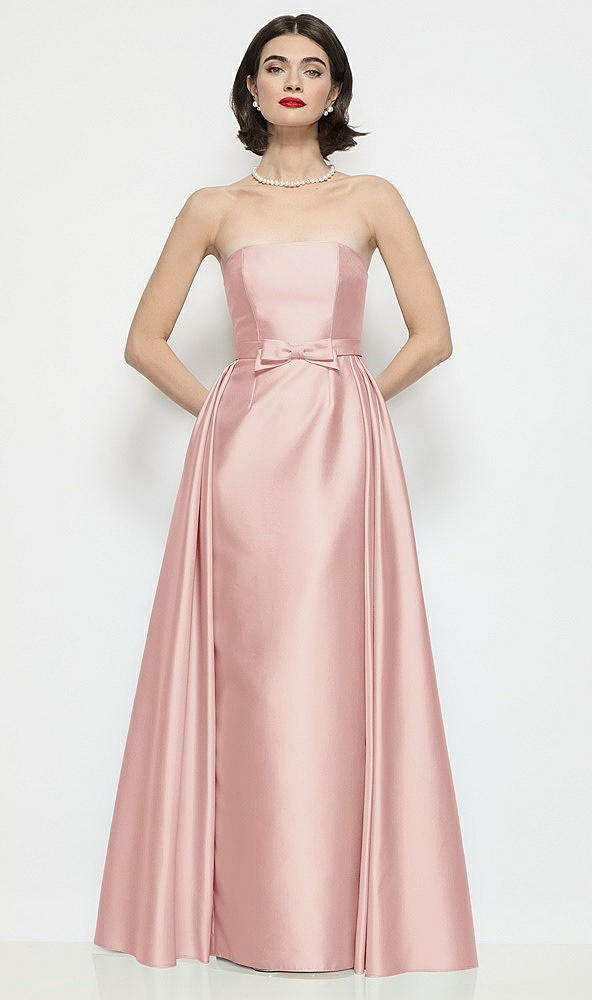 Front View - Rose Strapless Bow-Waist Satin Column Dress with Overskirt