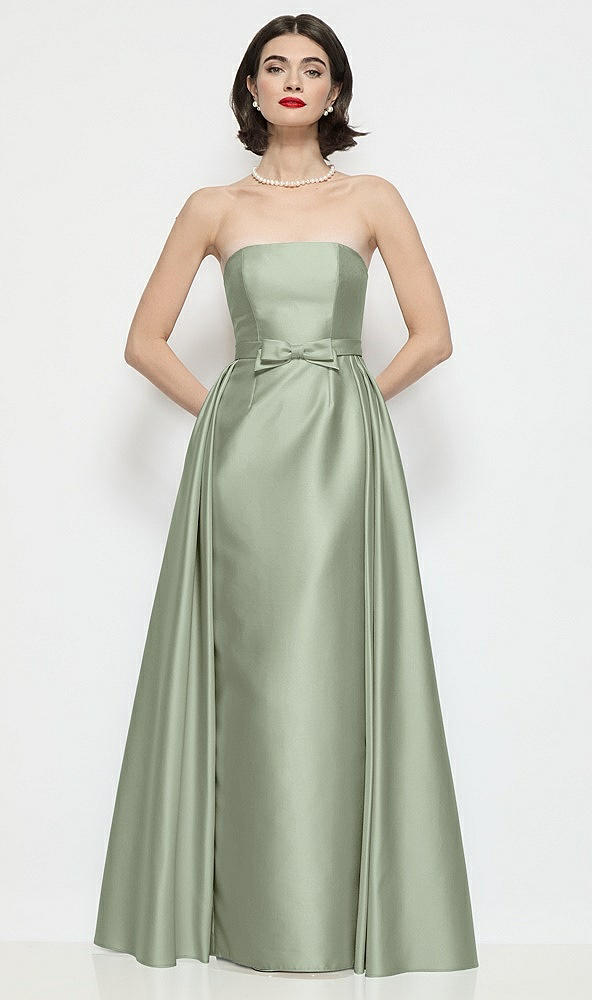 Front View - Sage Strapless Bow-Waist Satin Column Dress with Overskirt