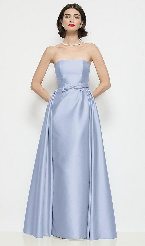Front View - Sky Blue Strapless Bow-Waist Satin Column Dress with Overskirt