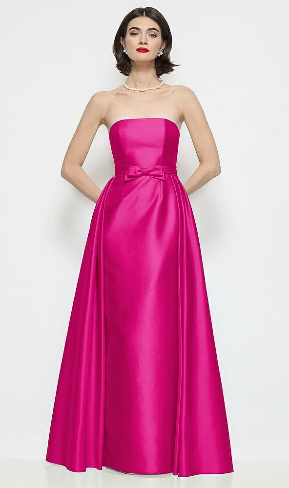 Front View - Think Pink Strapless Bow-Waist Satin Column Dress with Overskirt