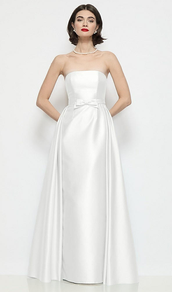 Front View - White Strapless Bow-Waist Satin Column Dress with Overskirt