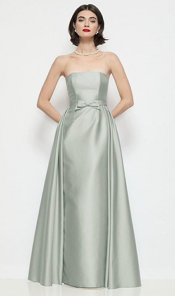 Front View - Willow Green Strapless Bow-Waist Satin Column Dress with Overskirt