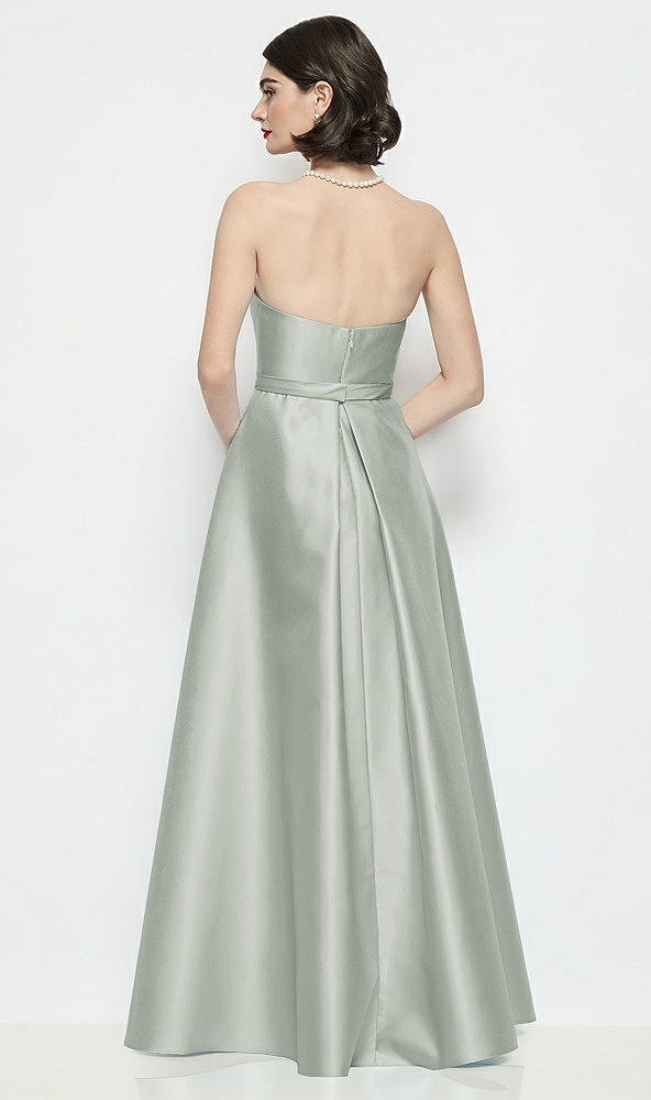 Back View - Willow Green Strapless Bow-Waist Satin Column Dress with Overskirt