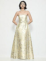 Front View Thumbnail - Butter Yellow Floral Strapless Bow-Waist Floral Satin Column Dress with Overskirt