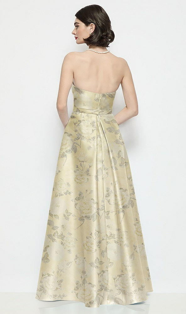 Back View - Butter Yellow Floral Strapless Bow-Waist Floral Satin Column Dress with Overskirt