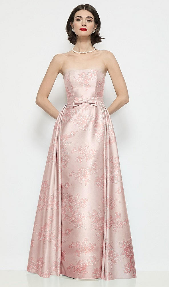 Front View - Bow And Blossom Print Strapless Bow-Waist Floral Satin Column Dress with Overskirt