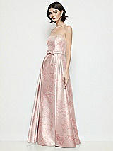 Side View Thumbnail - Bow And Blossom Print Strapless Bow-Waist Floral Satin Column Dress with Overskirt