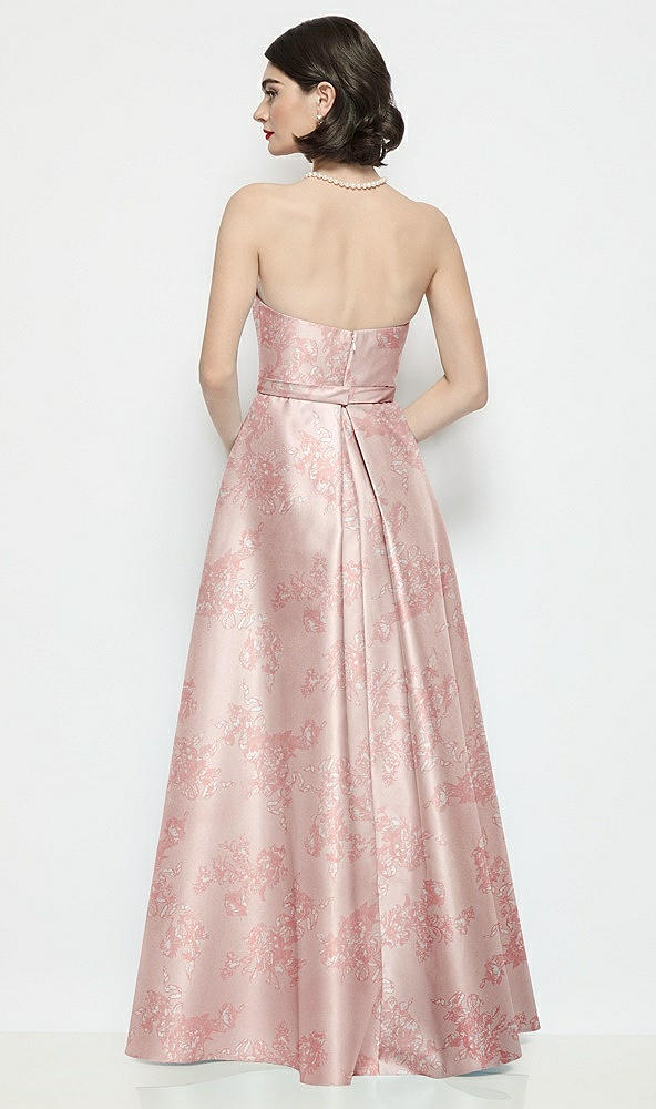 Back View - Bow And Blossom Print Strapless Bow-Waist Floral Satin Column Dress with Overskirt