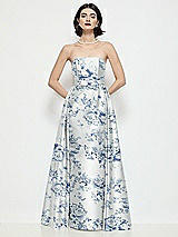 Front View Thumbnail - Cottage Rose Larkspur Strapless Bow-Waist Floral Satin Column Dress with Overskirt