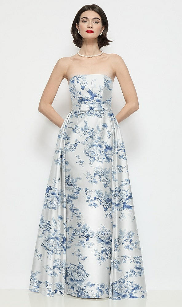 Front View - Cottage Rose Larkspur Strapless Bow-Waist Floral Satin Column Dress with Overskirt