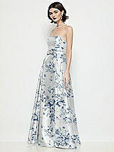 Side View Thumbnail - Cottage Rose Larkspur Strapless Bow-Waist Floral Satin Column Dress with Overskirt