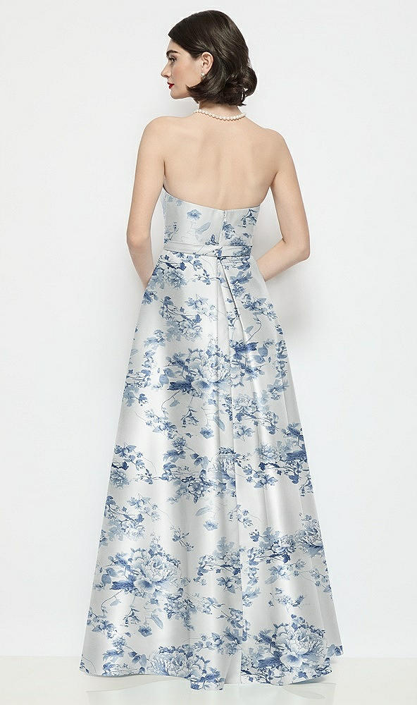 Back View - Cottage Rose Larkspur Strapless Bow-Waist Floral Satin Column Dress with Overskirt