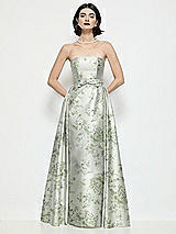 Front View Thumbnail - Sage Cottage Rose Strapless Bow-Waist Floral Satin Column Dress with Overskirt