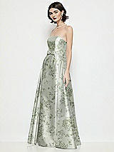 Side View Thumbnail - Sage Cottage Rose Strapless Bow-Waist Floral Satin Column Dress with Overskirt