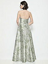 Rear View Thumbnail - Sage Cottage Rose Strapless Bow-Waist Floral Satin Column Dress with Overskirt