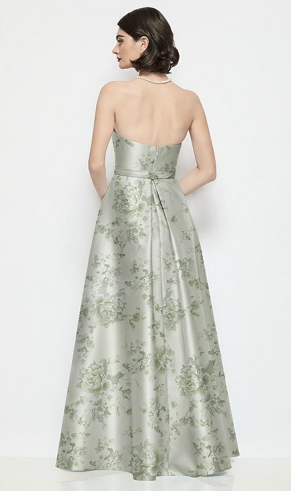 Back View - Sage Cottage Rose Strapless Bow-Waist Floral Satin Column Dress with Overskirt