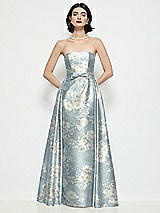 Front View Thumbnail - Porcelain Blue Seraphina Floral Strapless Bow-Waist Floral Satin Column Dress with Overskirt