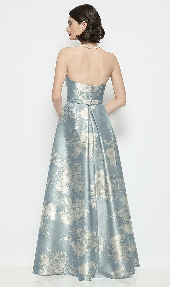 Back View - Porcelain Blue Seraphina Floral Strapless Bow-Waist Floral Satin Column Dress with Overskirt