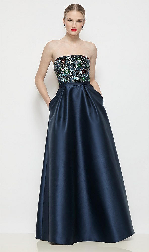 Front View - Mosaic Sequin / Midnight Strapless Mosaic Floral Sequin & Navy Satin Maxi Dress