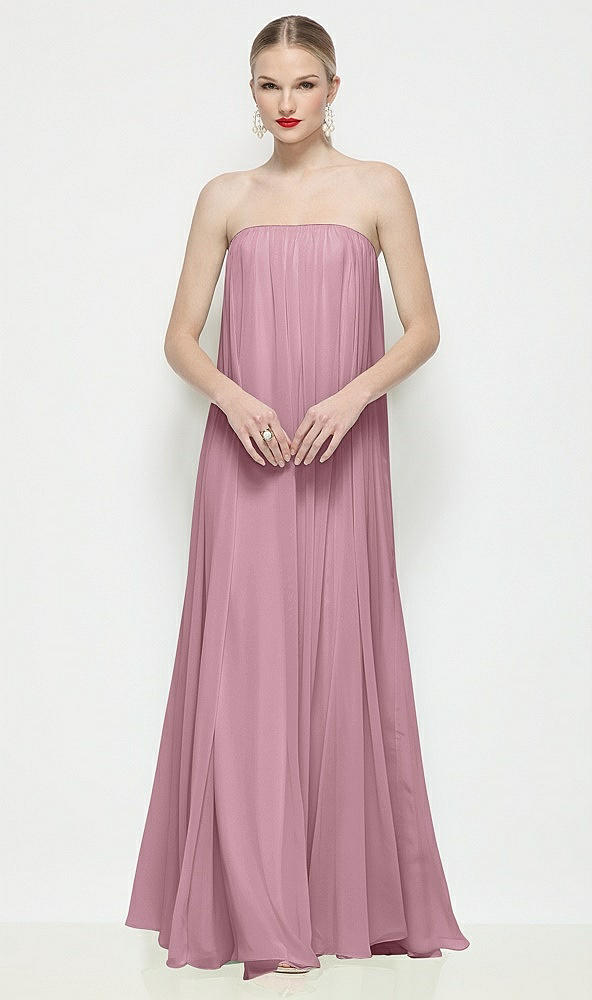 Front View - Dusty Pink Strapless Shirred Chiffon Trapeze Maxi Dress