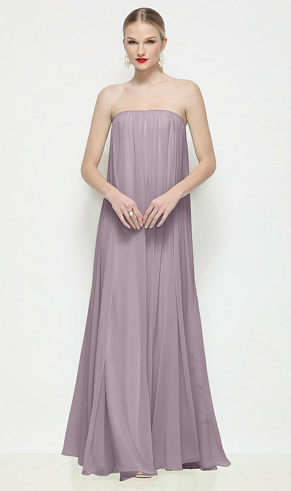 Front View - Lilac Dusk Strapless Shirred Chiffon Trapeze Maxi Dress