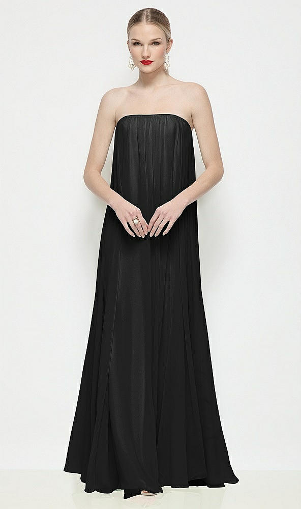 Front View - Black Strapless Shirred Chiffon Trapeze Maxi Dress