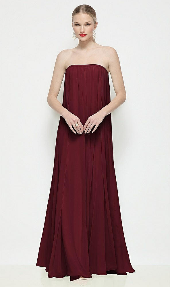 Front View - Cabernet Strapless Shirred Chiffon Trapeze Maxi Dress