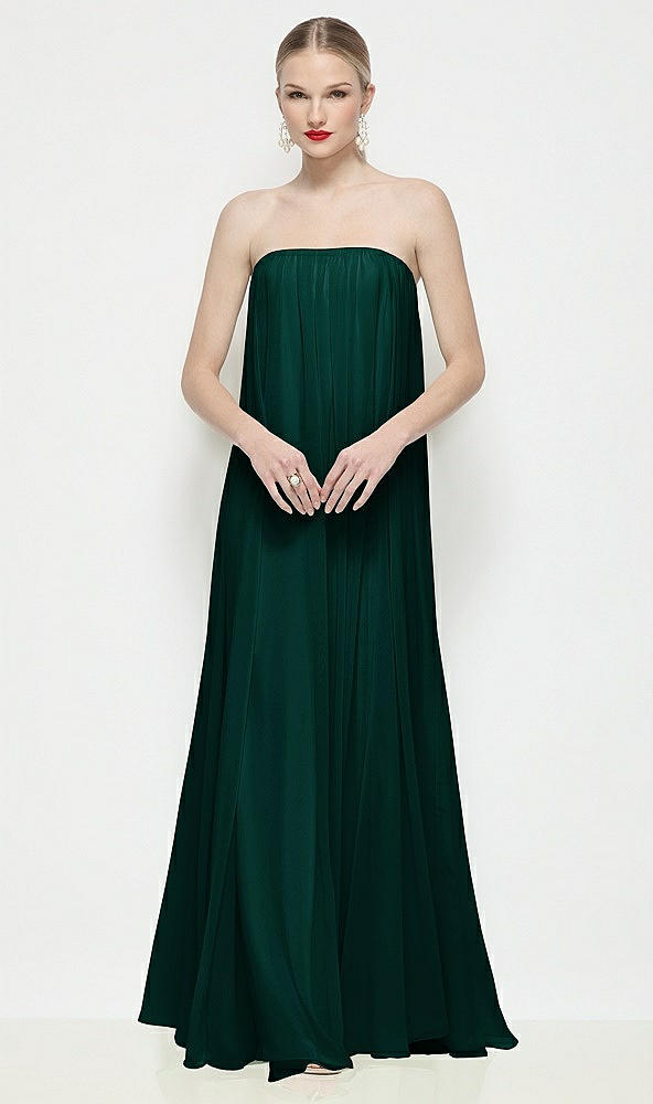 Front View - Evergreen Strapless Shirred Chiffon Trapeze Maxi Dress