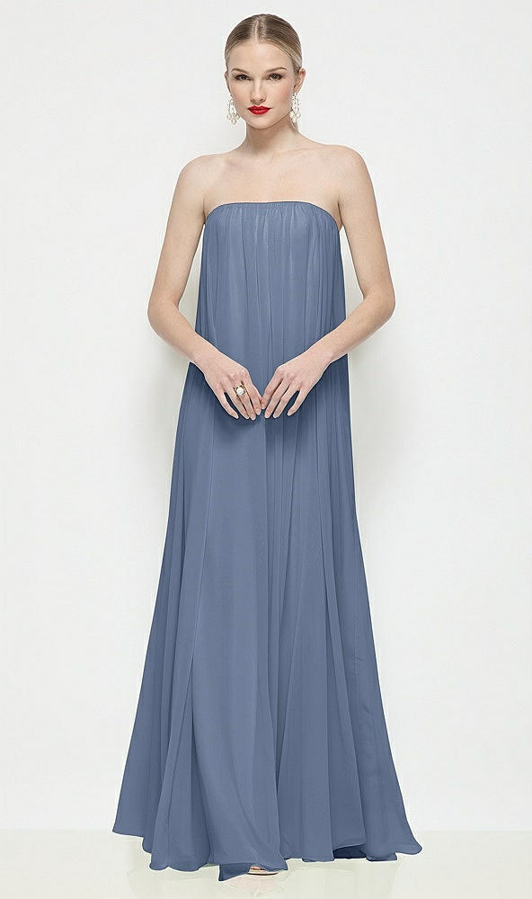 Front View - Larkspur Blue Strapless Shirred Chiffon Trapeze Maxi Dress
