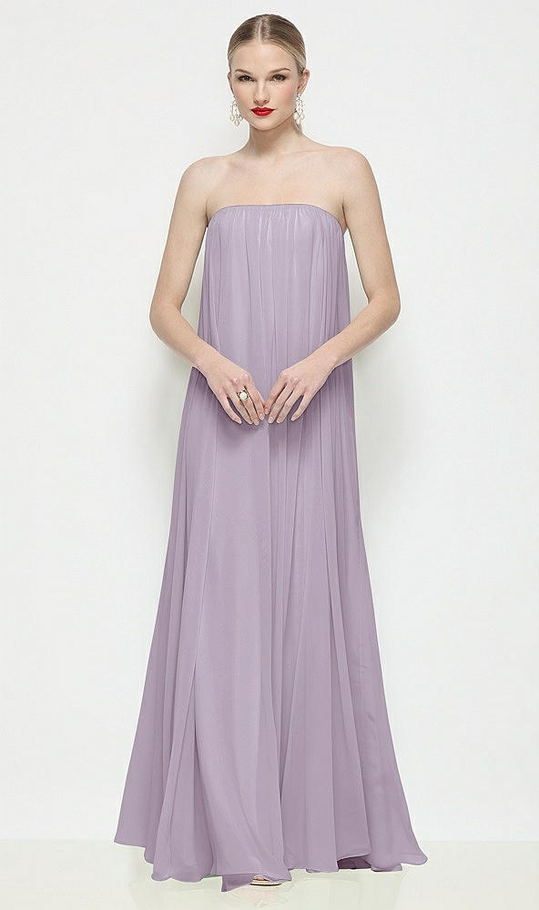 Front View - Lilac Haze Strapless Shirred Chiffon Trapeze Maxi Dress