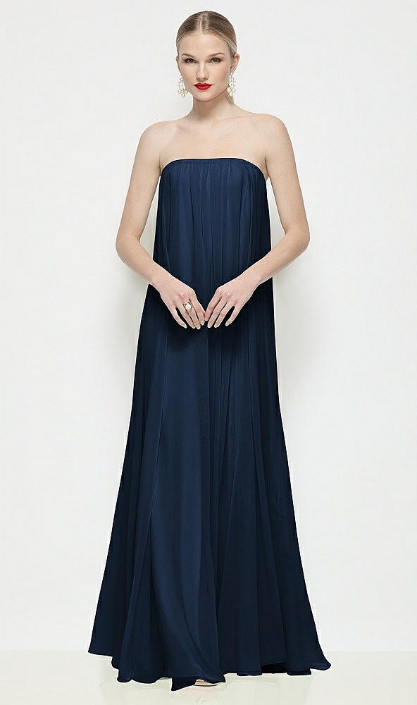 Front View - Midnight Navy Strapless Shirred Chiffon Trapeze Maxi Dress