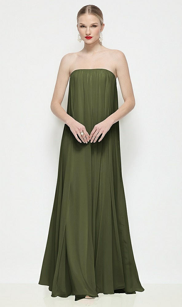 Front View - Olive Green Strapless Shirred Chiffon Trapeze Maxi Dress