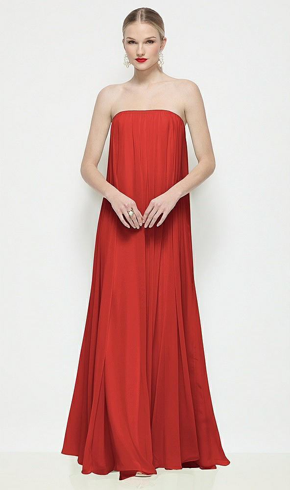 Front View - Poppy Red Strapless Shirred Chiffon Trapeze Maxi Dress