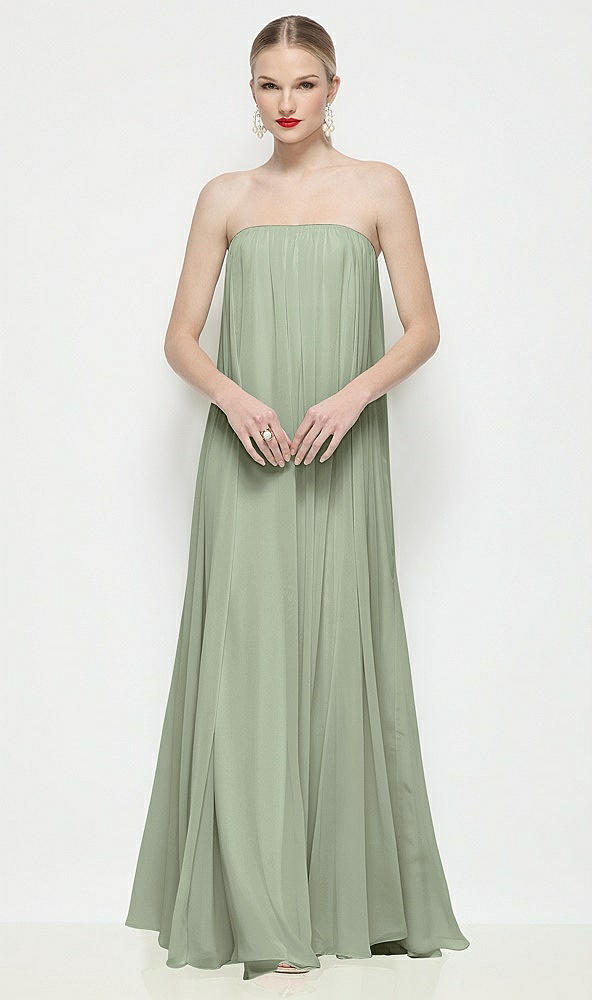 Front View - Sage Strapless Shirred Chiffon Trapeze Maxi Dress