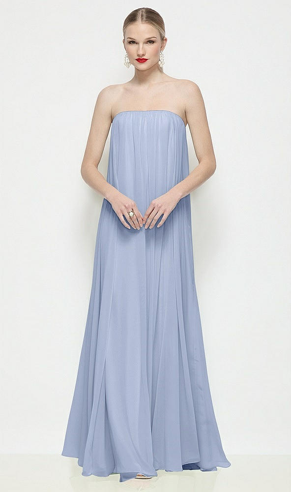 Front View - Sky Blue Strapless Shirred Chiffon Trapeze Maxi Dress