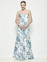 Front View Thumbnail - Cottage Rose Dusk Blue Strapless Shirred Floral Chiffon Trapeze Maxi Dress