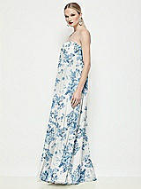 Side View Thumbnail - Cottage Rose Dusk Blue Strapless Shirred Floral Chiffon Trapeze Maxi Dress
