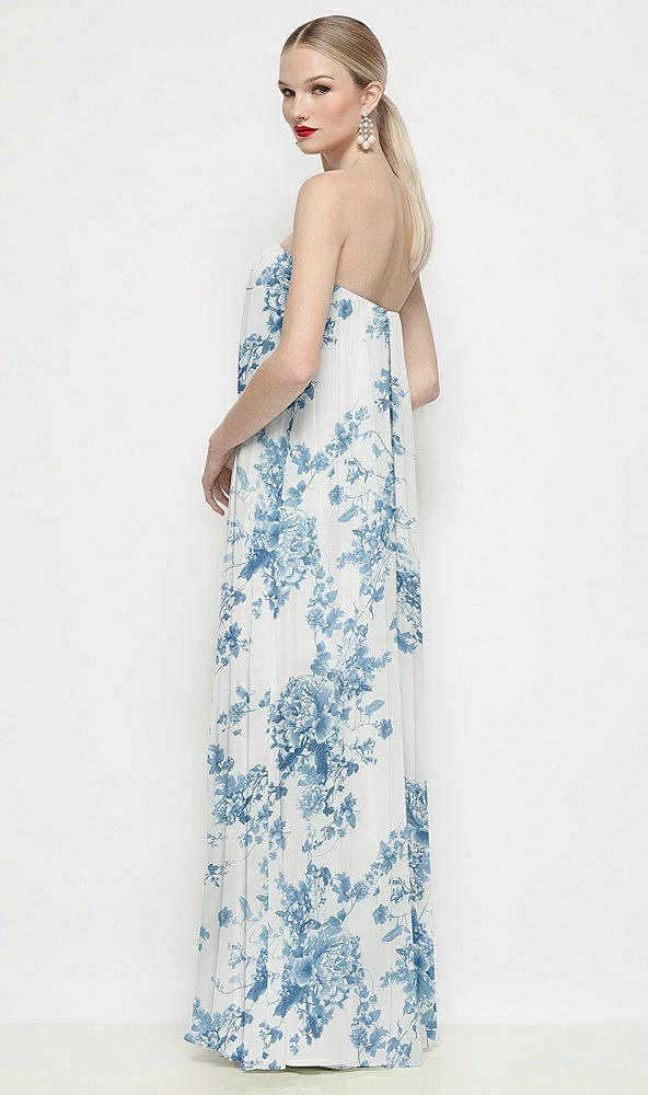 Back View - Cottage Rose Dusk Blue Strapless Shirred Floral Chiffon Trapeze Maxi Dress
