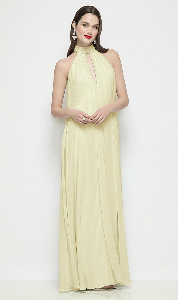 Front View - Butter Yellow Slip-On Shirred Chiffon Trapeze Halter Dress