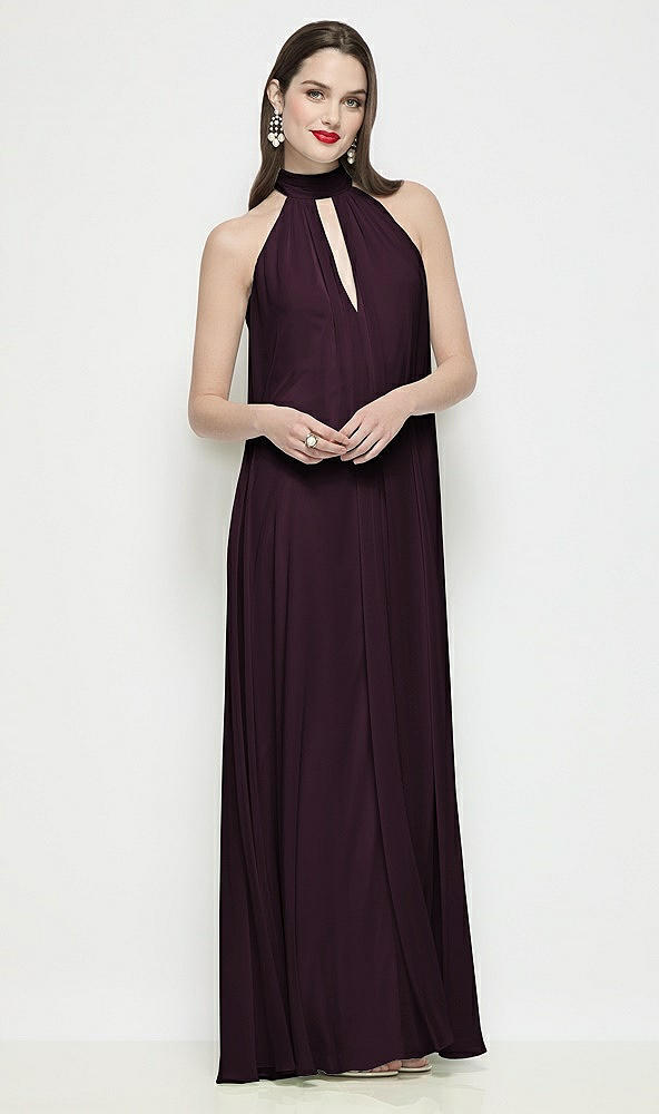 Front View - Deep Plum Slip-On Shirred Chiffon Trapeze Halter Dress