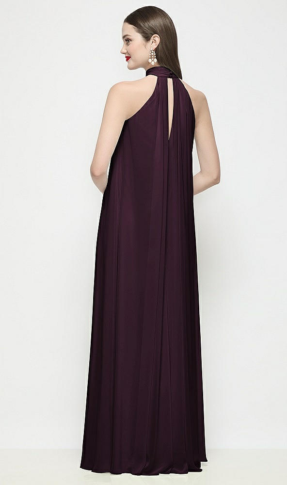 Back View - Deep Plum Slip-On Shirred Chiffon Trapeze Halter Dress
