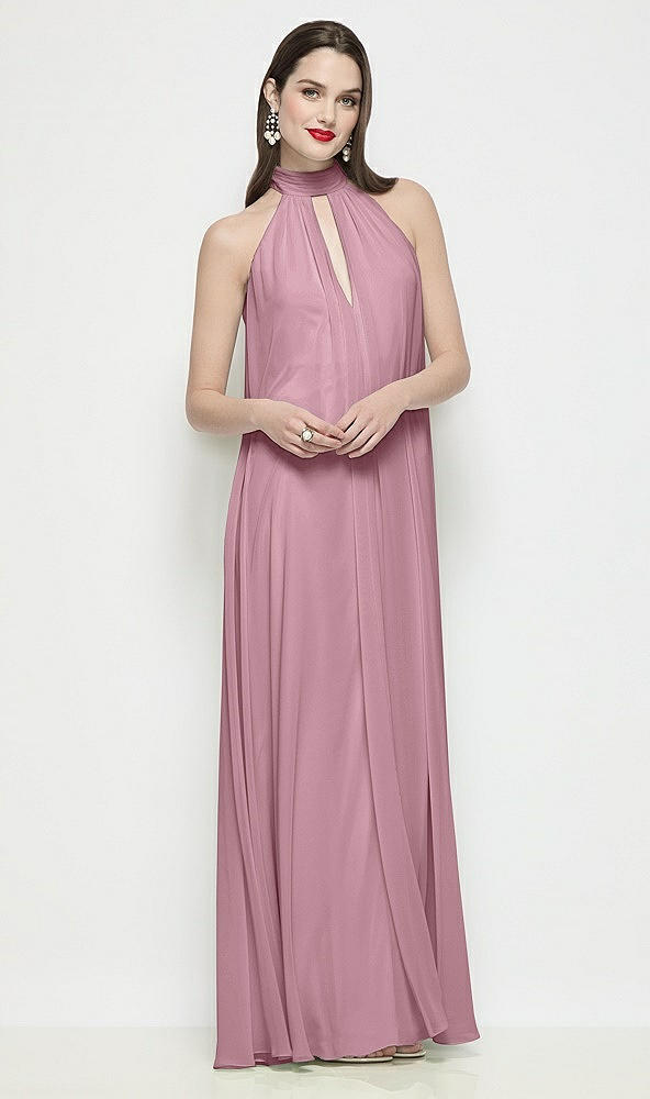 Front View - Dusty Pink Slip-On Shirred Chiffon Trapeze Halter Dress