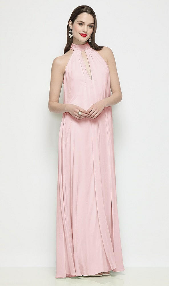 Front View - Ballet Pink Slip-On Shirred Chiffon Trapeze Halter Dress