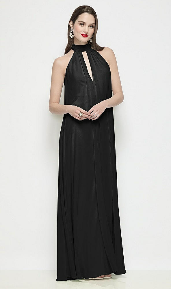 Front View - Black Slip-On Shirred Chiffon Trapeze Halter Dress