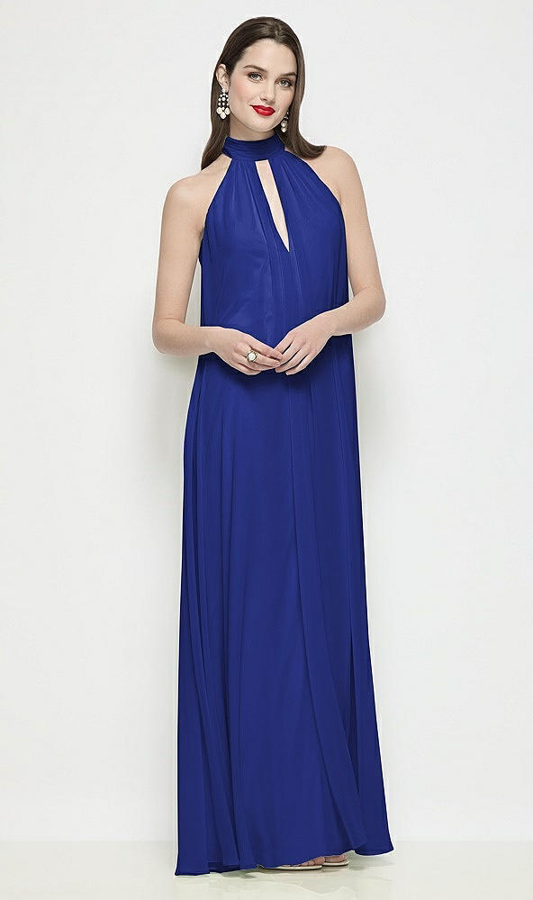 Front View - Cobalt Blue Slip-On Shirred Chiffon Trapeze Halter Dress