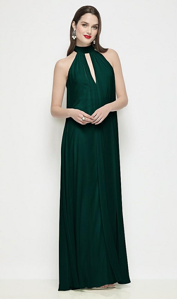 Front View - Evergreen Slip-On Shirred Chiffon Trapeze Halter Dress