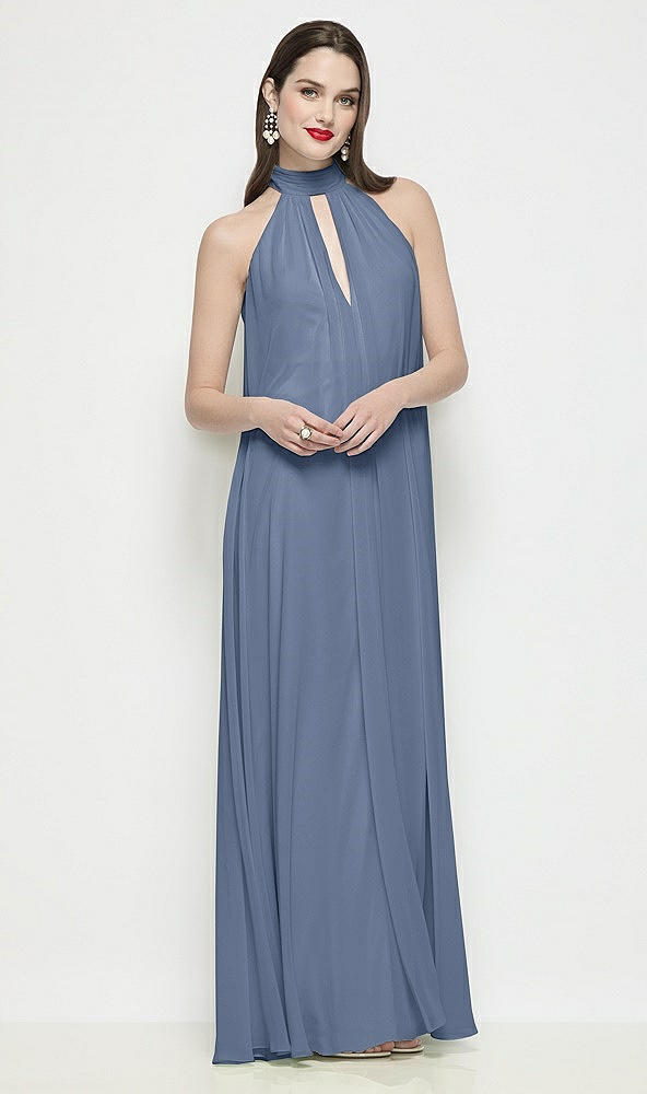 Front View - Larkspur Blue Slip-On Shirred Chiffon Trapeze Halter Dress